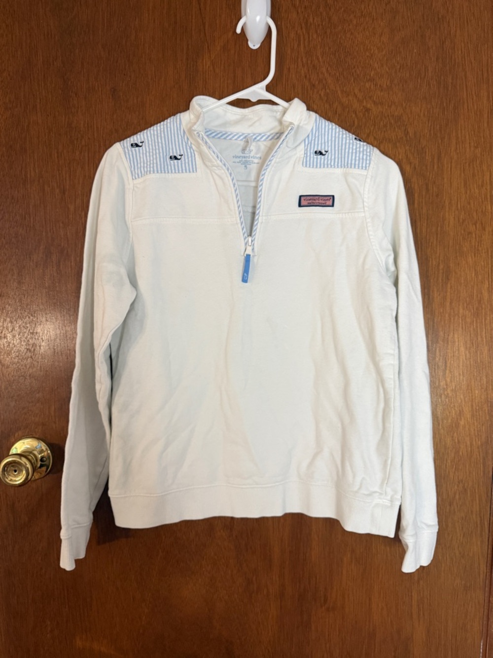 Vineyard Vines White Seersucker 1/4 Zip Shoulder Shep Sweater